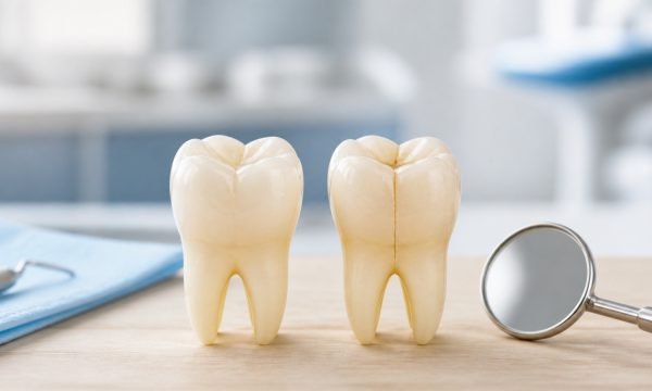 Dental tooth models comparing a fine enamel craze line with a deeper cracked tooth