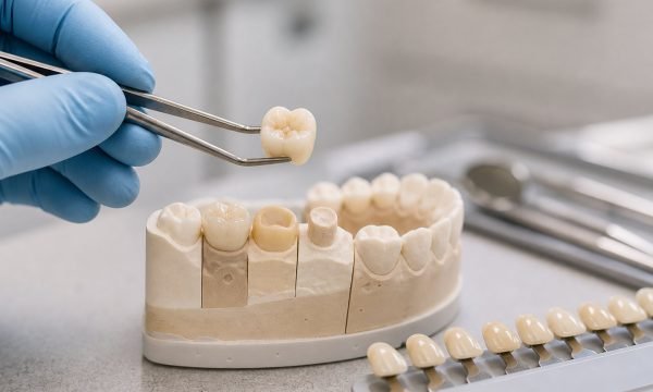 Ceramic dental crown, tooth model and shade guide used in treatment planning