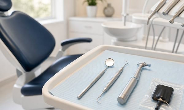 Dental exam, cleaning and X-ray instruments prepared in a modern operatory
