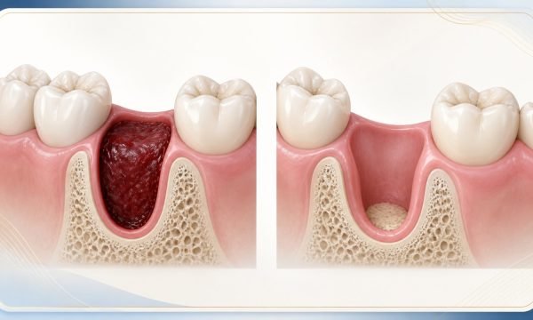 Clinical illustration comparing a healing extraction socket with a protective blood clot and a dry socket.