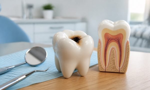Dental molar model with a cavity beside a tooth anatomy model in a Denver dental office