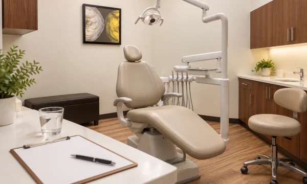 Welcoming dental treatment room with a cream chair, wood cabinets and a clipboard ready for a first visit.