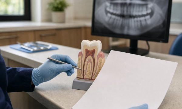 Dental professional reviewing a tooth model and dental image for root canal planning