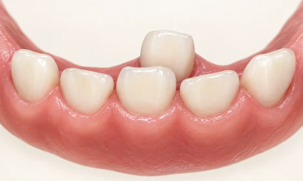Simplified illustration of a permanent lower front tooth emerging behind a baby tooth.