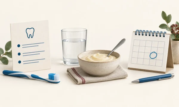Soft toothbrush, water, soft food, written care instructions and a calendar arranged as reminders for deep-cleaning aftercare.