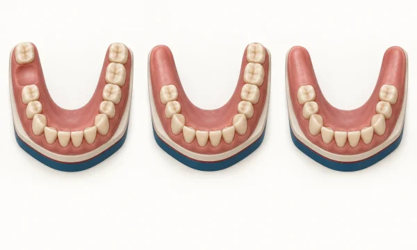 Three lower-arch teaching models show a gap between teeth, a back-tooth gap on one side, and back-tooth gaps on both sides.