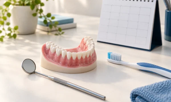 Dental teaching model, mirror, toothbrush and blank appointment calendar illustrating ongoing gum care.
