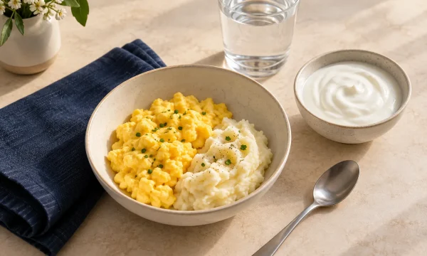 Soft scrambled eggs, mashed potato, plain yogurt and water arranged as gentle meal choices.