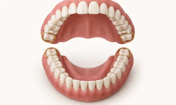 Upper and lower dental arches with the four wisdom teeth at the back highlighted.