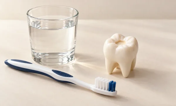 Toothbrush and water beside an illustrative molar model with a missing filling.