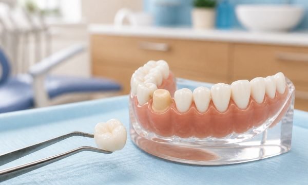 Intact temporary dental crown beside a prepared posterior tooth model in a dental office