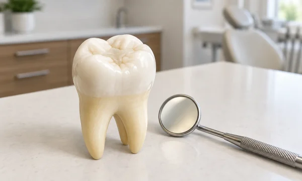Molar teaching model with a small tooth-colored filling and a dental mirror on a clean counter