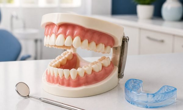 Adult dental jaw model with posterior teeth, mirror and blue dental appliance